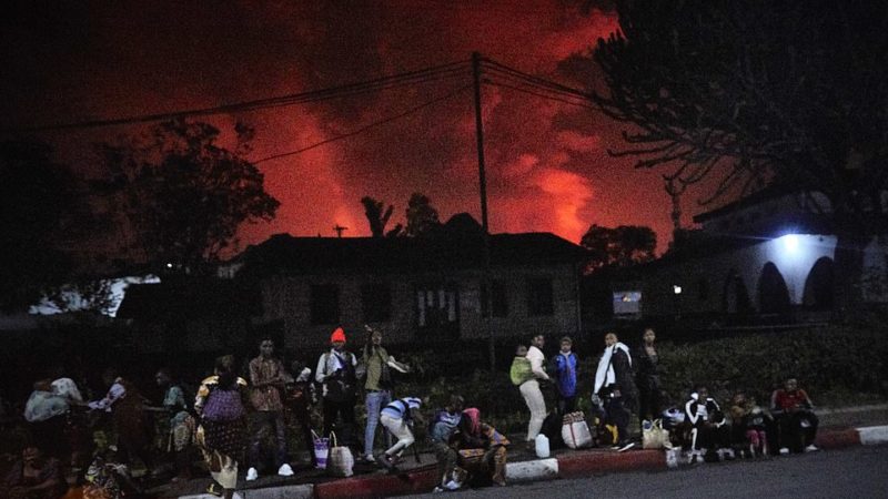 Volcano erupts in the Congo spewing red fumes into the night sky